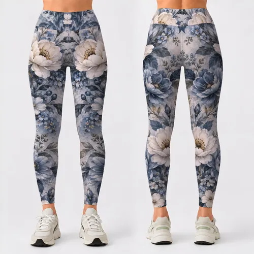 Blue And Ivory Watercolor Florals For Yoga, Pilates And Everyday Errands With Calm Elegance Leggings