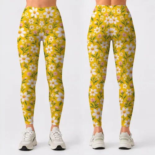 Small White Daisies On Yellow For Yoga Pilates And Everyday Spring Style Leggings