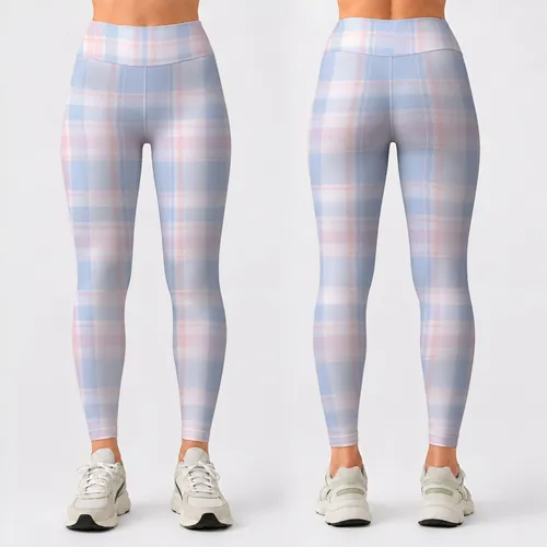 Pastel Blue and Blush Pink Tartan Checks for Yoga, Pilates and Everyday Casual Style Leggings