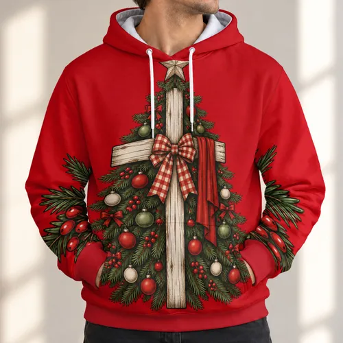 Rustic Christmas Cross and Evergreen Tree for Holiday Gatherings and Winter Celebrations All-over Print Hoodie (Lightweight)