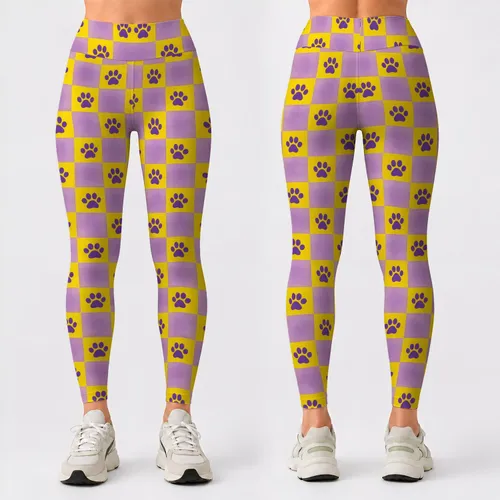 Golden Yellow and Lavender Paw-Check Tiles for Yoga, Pilates and Everyday Activewear Leggings