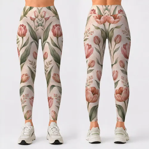 Dusty Rose Tulips and Sage Green Foliage for Yoga, Pilates, and Everyday Activewear Leggings