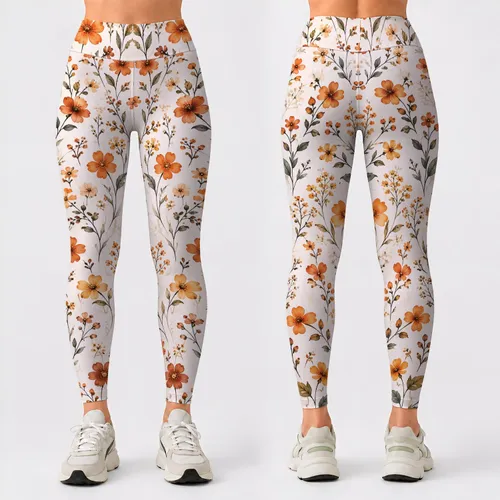Rust Orange Wildflower Sprigs For Yoga, Pilates, Travel And Everyday Casual Wear Leggings