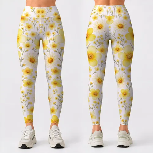 Sunny Yellow Wildflowers for Yoga, Pilates, Errands and Everyday Spring Style Wear Leggings