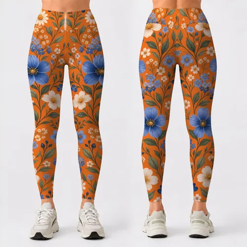 Blue Wildflowers on Tangerine for Yoga, Pilates, and Everyday Studio-to-Street Wear Leggings
