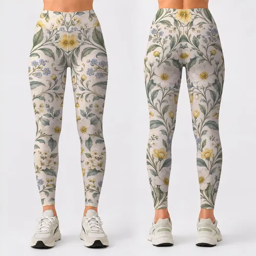 Ivory Sage and Buttercup Botanical Vines for Yoga, Pilates, and Everyday Activewear Leggings