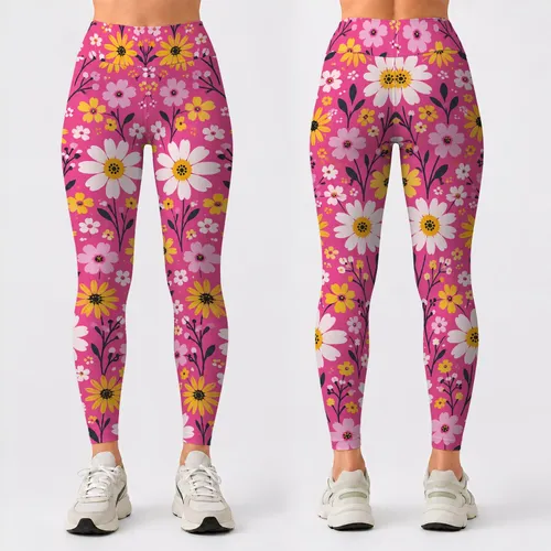 Pink Yellow Daisy And Starburst Florals For Yoga Pilates And Everyday Wear Leggings