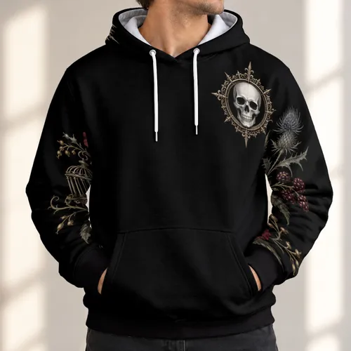 Gothic Skull Cameo and Rose Thistle Blooms for Halloween Night Out and Fall Celebrations All-over Print Hoodie (Lightweight)