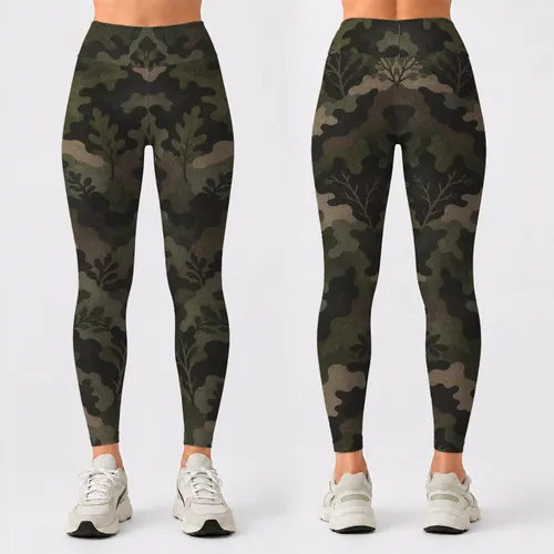 Olive Woodland Camo Motif for Yoga, Pilates, Gym Training and Everyday Casual Style Leggings