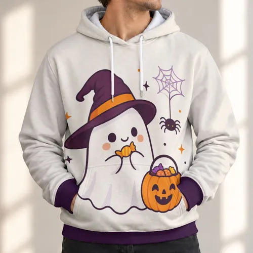 Kawaii Ghost Witch Hat Candy Scene for Cozy Halloween Celebrations and Autumn Nights All-over Print Hoodie (Lightweight)