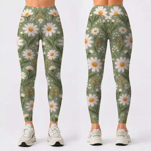 Sage Green Daisy Blooms for Yoga, Pilates, Travel, and Everyday Outings Leggings