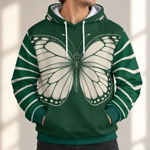 Ivory Butterfly on Forest Green for Nature Lovers and Everyday Spring Outings All-over Print Hoodie (Lightweight)