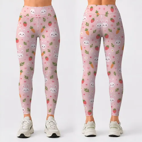 Blush Pink Bunny, Carrot And Strawberry Motifs For Yoga, Pilates And Everyday Wear Leggings
