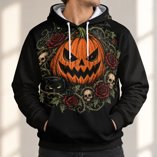 Jack O Lantern, Black Cats And Roses For Halloween Spooky Season Autumn Night Wear All-over Print Hoodie (Lightweight)