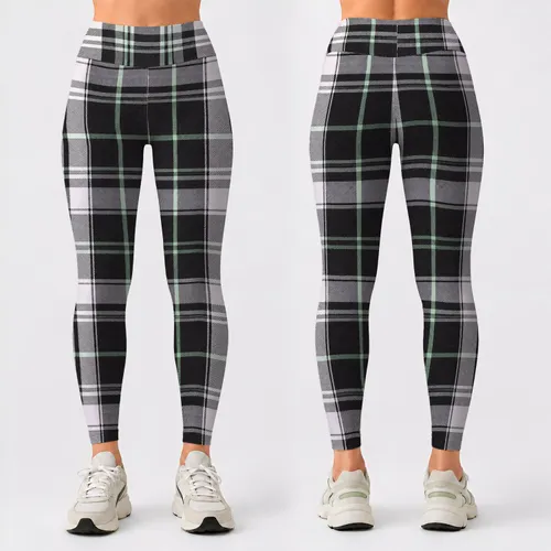 Mint Accent Tartan Plaid for Pilates, Gym Workouts, and Everyday Casual Style Leggings