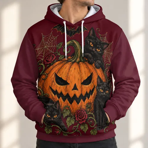 Jack-O'-Lantern Cats and Roses for Spooky Halloween Parties and Cozy Autumn Nights All-over Print Hoodie (Lightweight)