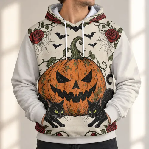 Spooky Black Cats, Jack-O’-Lantern & Roses for Halloween Night Celebrations All-over Print Hoodie (Lightweight)