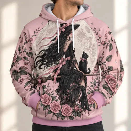 Pink Moon Witch and Black Cat for Whimsical Halloween Night Celebrations and Parties All-over Print Hoodie (Lightweight)