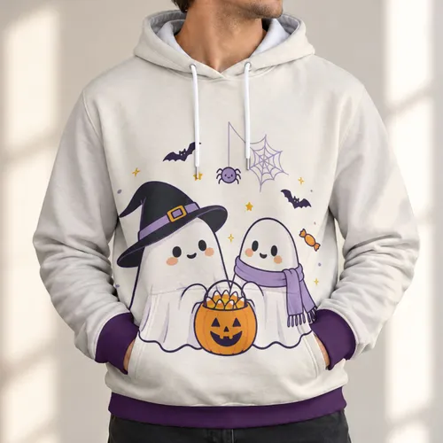 Kawaii Ghost Couple With Pumpkin Candy For Cute Halloween Autumn Celebrations All-over Print Hoodie (Lightweight)