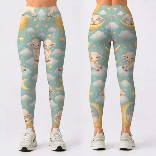 Cute Lamb And Crescent Moon Motifs For Yoga Pilates And Cozy Everyday Wear Leggings