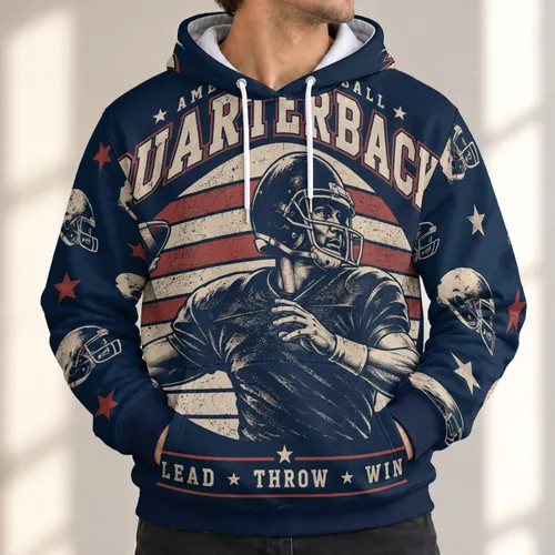 Vintage Football Quarterback and Helmet Motifs for Game Day and Casual Weekend Wear All-over Print Hoodie (Lightweight)