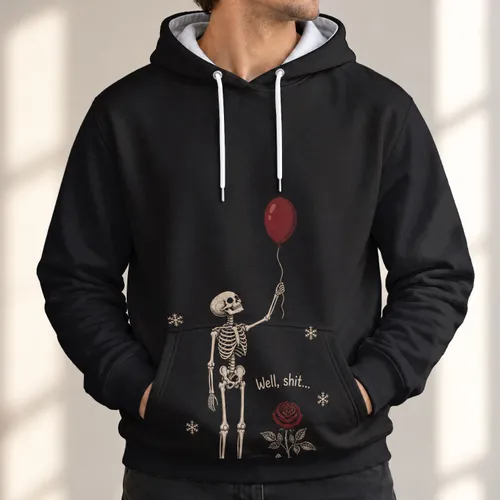 Skeleton With Red Balloon and Rose for Whimsical Halloween Nights All-over Print Hoodie (Lightweight)