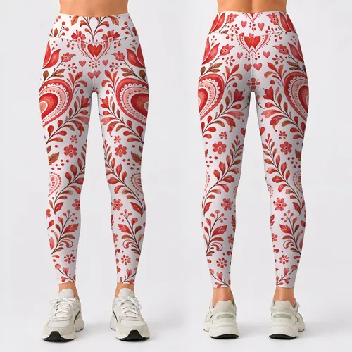 Coral Heart And Floral Motifs For Yoga, Pilates, Travel And Everyday Wear Leggings