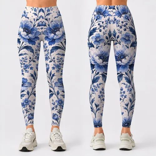 Blue White Wildflower Blooms for Yoga Pilates and Everyday Wear Leggings