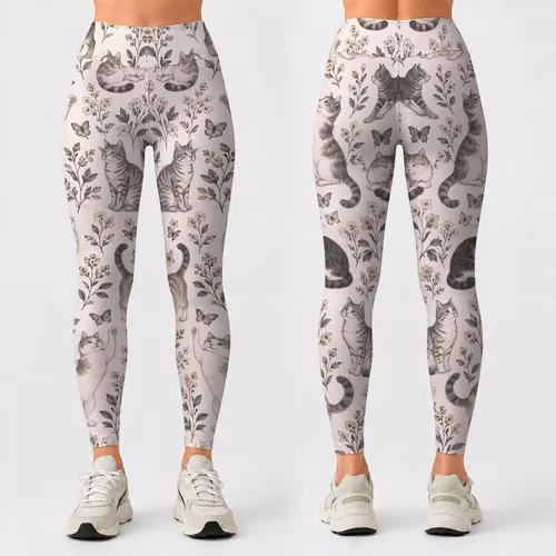 Ivory Cat Doodle Motifs for Yoga, Pilates and Everyday Errands for Cat Lovers Leggings