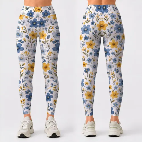 Blue And Marigold Daisies For Yoga, Pilates, And Everyday Activewear Leggings