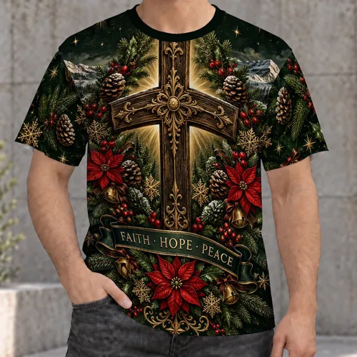 Evergreen Christmas Cross With Faith Hope Peace For Holiday Gatherings All-over Print Unisex T-shirt