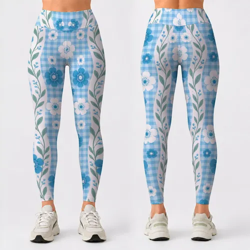 Blue Gingham Daisy Flowers for Yoga, Pilates, and Everyday Activewear Leggings