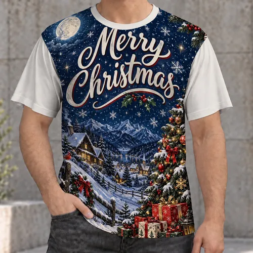 Blue Snowy Christmas Tree and Cabin for Cozy Holiday Gatherings with Family and Friends All-over Print Unisex T-shirt