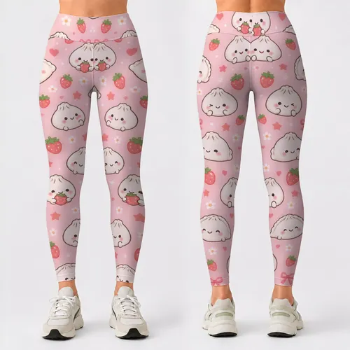 Cute Dumpling and Strawberry Stars for Playful Yoga, Gym Days and Weekend Training Leggings