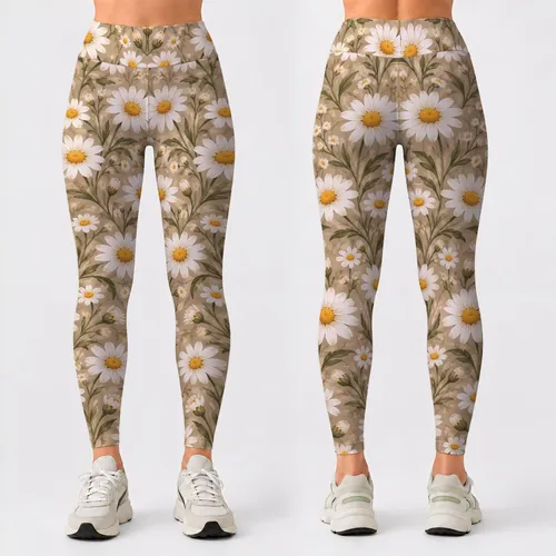 White Daisy And Golden Yellow Blooms For Yoga, Pilates And Everyday Wear Leggings