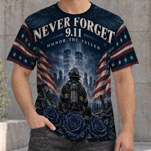 Firefighter Memorial Tribute With Roses And Flag Details For Remembrance Day Events All-over Print Unisex T-shirt