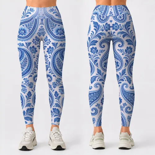 Blue And White Paisley Motifs For Yoga, Pilates And Everyday Style For Active Women Leggings