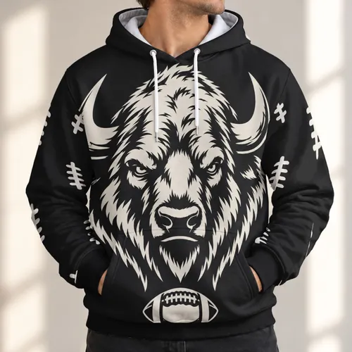Bold Bison Head and Football for Game Day, Tailgating and Weekend Fan Wear Style All-over Print Hoodie (Lightweight)