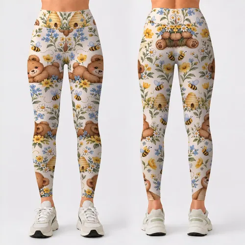 Teddy Bears, Busy Bees And Golden Flowers For Playful Yoga And Everyday Outings Leggings