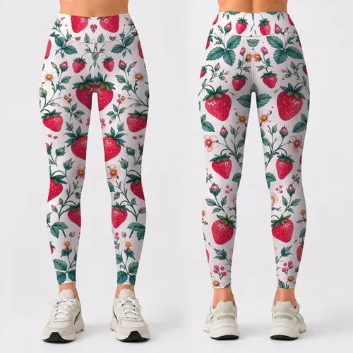 Strawberry and Teal Botanical Motifs for Yoga, Pilates and Everyday Wear Leggings