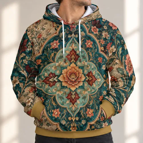 Teal Gold Floral Medallion for Cultural Celebrations and Elegant Everyday Wear All-over Print Hoodie (Lightweight)