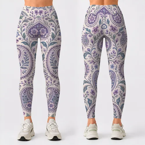 Lavender Paisley and Floral Motifs for Yoga, Pilates, and Everyday Wear Leggings
