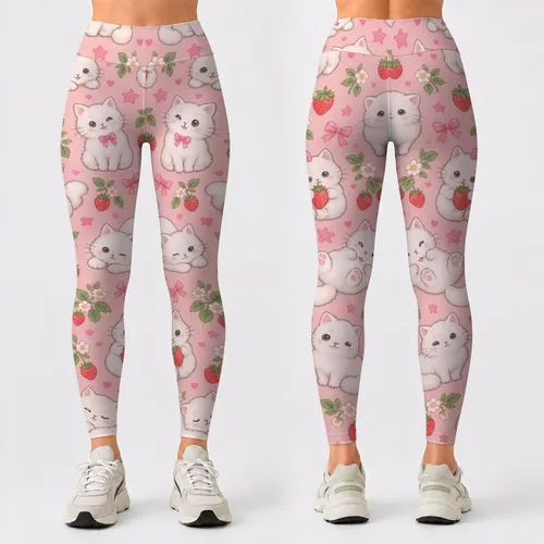 Cute White Cat and Strawberry Motifs for Yoga, Pilates, and Everyday Casual Wear Leggings