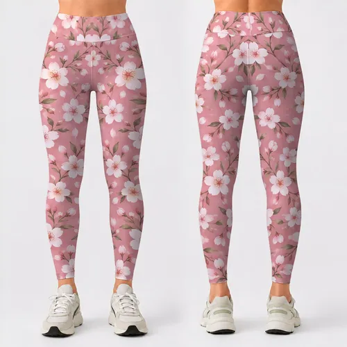 Pink White Floral Blossoms for Yoga Pilates and Everyday Wear for Women Leggings