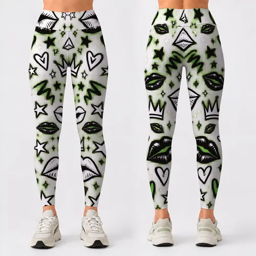 Neon Lime Lips, Stars And Crowns For Yoga, Pilates, Studio Style And Weekend Wear Leggings