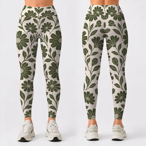 Olive Daisy And Leaf Motif For Yoga, Pilates And Everyday Wear Leggings