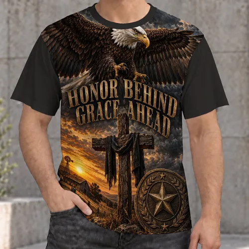 Bald Eagle Cross and Sunset Homestead Tribute for Veterans and Retired Service Members All-over Print Unisex T-shirt