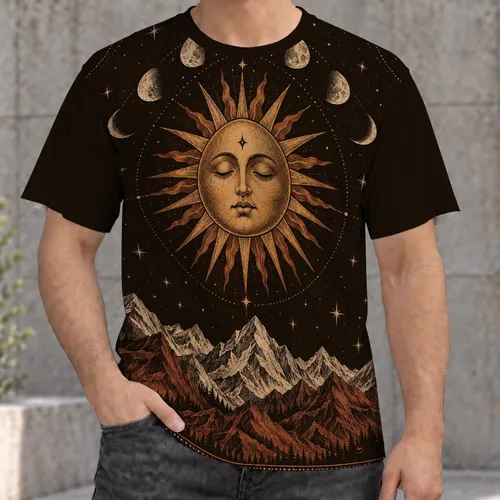 Celestial Sun Moon and Mountain Range for Relaxed Stargazing Evenings and Nature Lovers All-over Print Unisex T-shirt