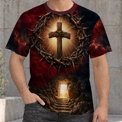 Crown of Thorns Cross and Resurrection Tomb for Easter Worship and Church Faith Gifts All-over Print Unisex T-shirt