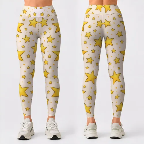 Golden Yellow Stars on Ivory for Yoga, Pilates and Everyday Studio-to-Street Style Leggings